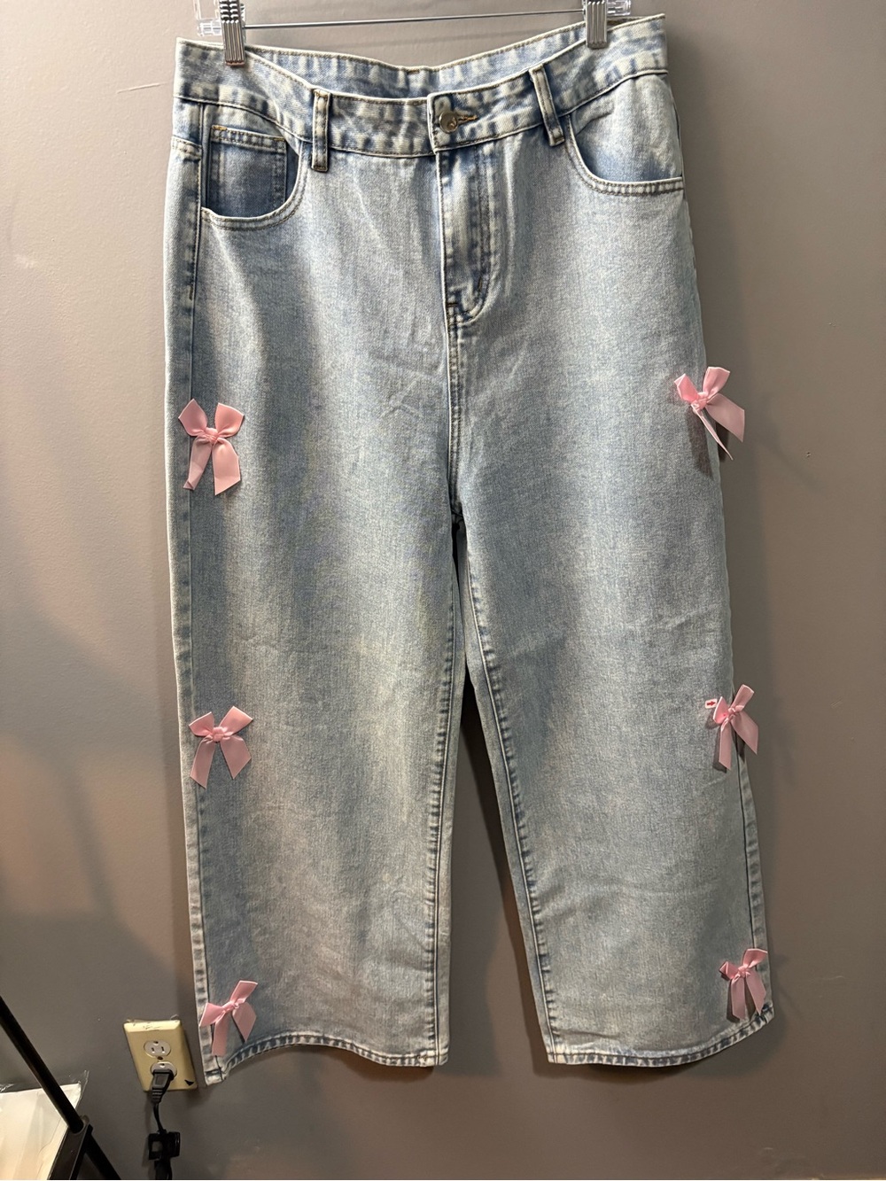 Amazon Light Blue Straight Leg Jeans with Pink Bow Accents